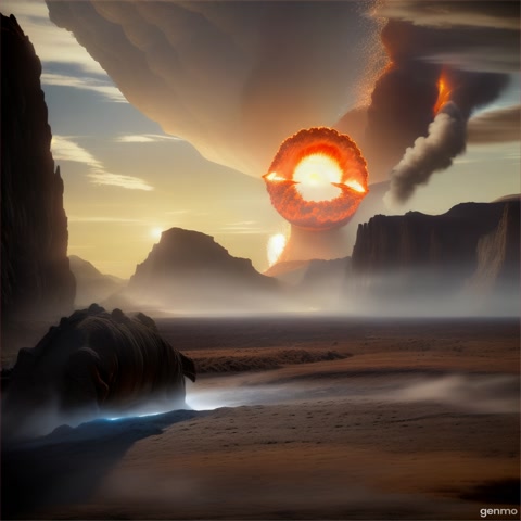 9:16 cinematic video. Show Earth during the dinosaur age. Volcanoes erupt, giant creatures roam. Suddenly, an asteroid approaches. Show its massive impact, explosions, extinction waves, and clouds of dust. End with silence and the last dinosaur roaring. High-quality, dramatic, realistic lighting, no text.