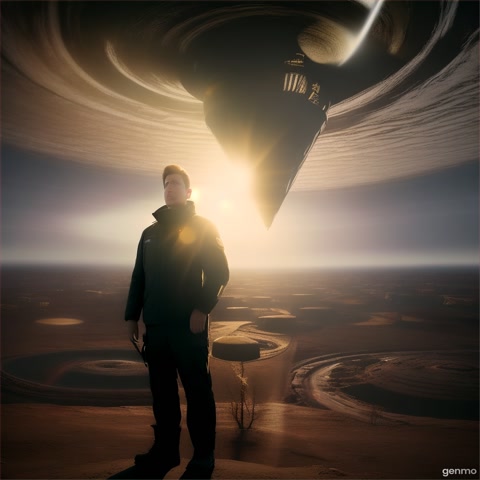 9:16 realistic cinematic video. A man stands calmly under the sun. Suddenly, the sun vanishes and darkness spreads. Plants die, temperatures drop, people panic. Show underground shelters and a huge black hole spinning in the sky. At the end, the man faces the camera and gestures to like and subscribe. High-quality visuals, sci-fi style, no text on screen.