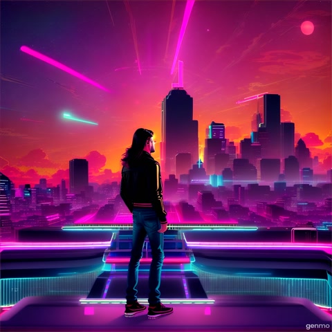 Album cover in square format. Retro-futuristic skyline at sunset, city full of neon lights with synthwave glow. A lone rebel in a leather jacket stands on a rooftop, watching the skyline. He wears a leather black jacket, cargo jeans and long hair. The sky is magenta and teal, with laser grids extending to the horizon.


Hidden detail: A comet on blue fire in the sky shaped like a musical note, visible only upon close inspection.

Color palette: Magenta, cyan, deep violet, chrome, with VHS texture overlay. 80s synth aesthetic, cinematic and nostalgic. --ar 1:1 dream aesthetic macro photo cinematic Precise highly detailed surreal film still scifi street photography