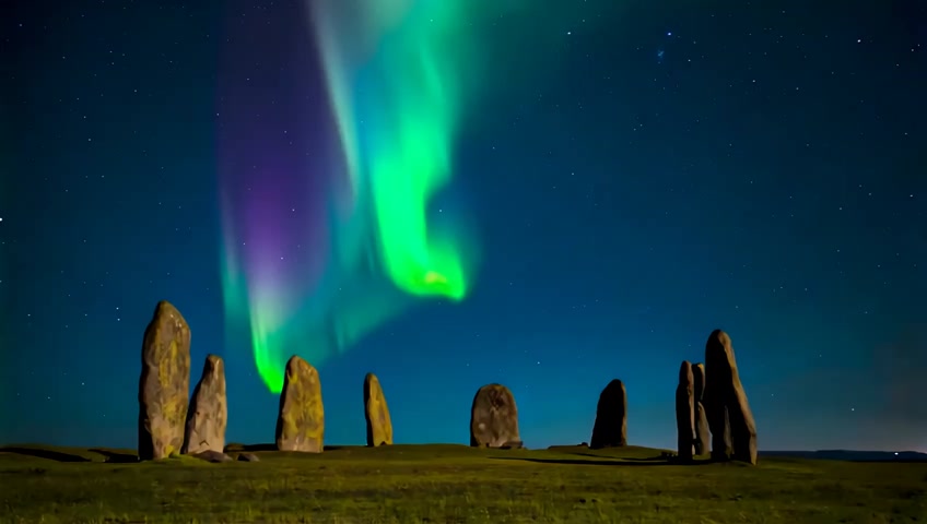 A wide-angle shot of ancient stone circles under the Northern Lights. The camera captures the mystery and natural phenomena.