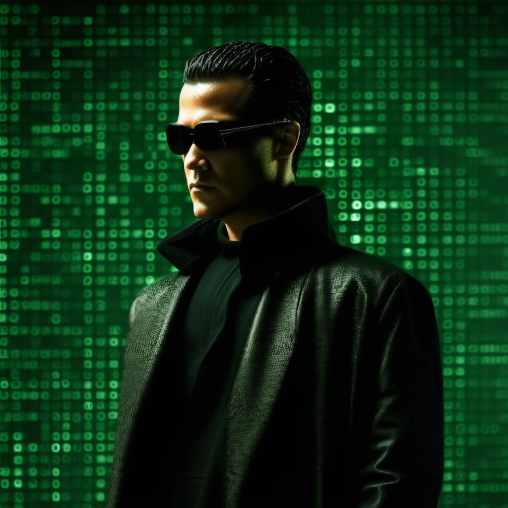 A man in a long black leather coat and dark sunglasses, standing in front of a green matrix code background.