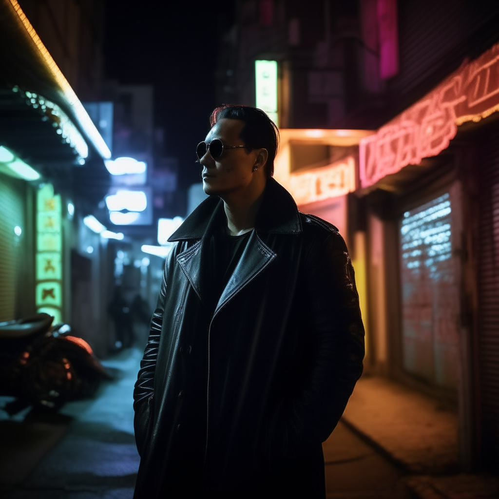 A man in a long black leather coat and dark sunglasses, standing in an alleyway at night with neon signs glowing in the distance.