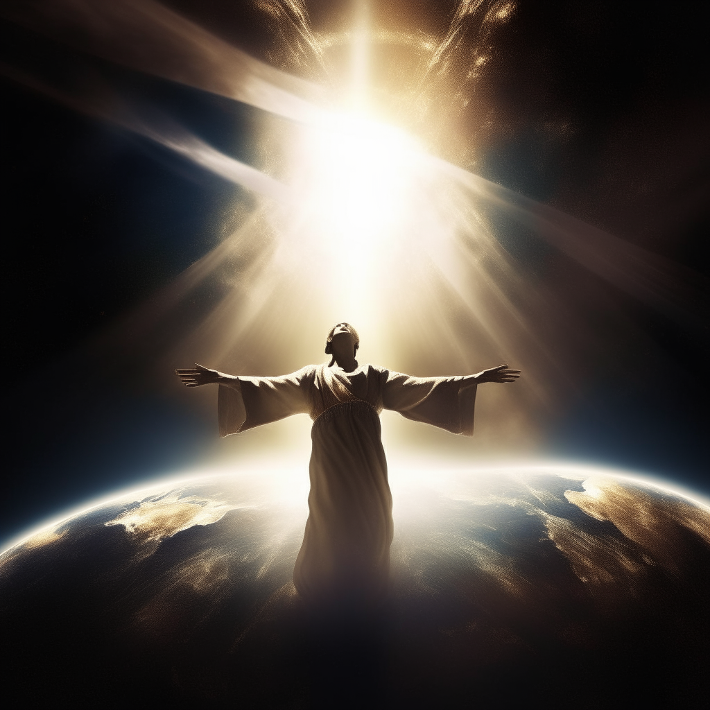 A divine figure surrounded by light, with outstretched arms, looking benevolently over the earth.