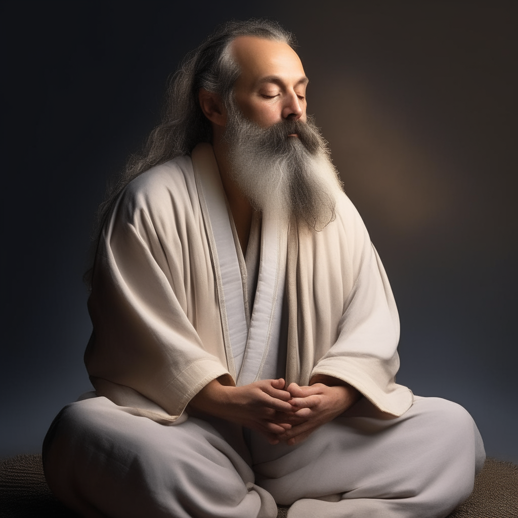 A bearded man in flowing robes, sitting cross-legged with a halo behind his head, meditating with his eyes closed.