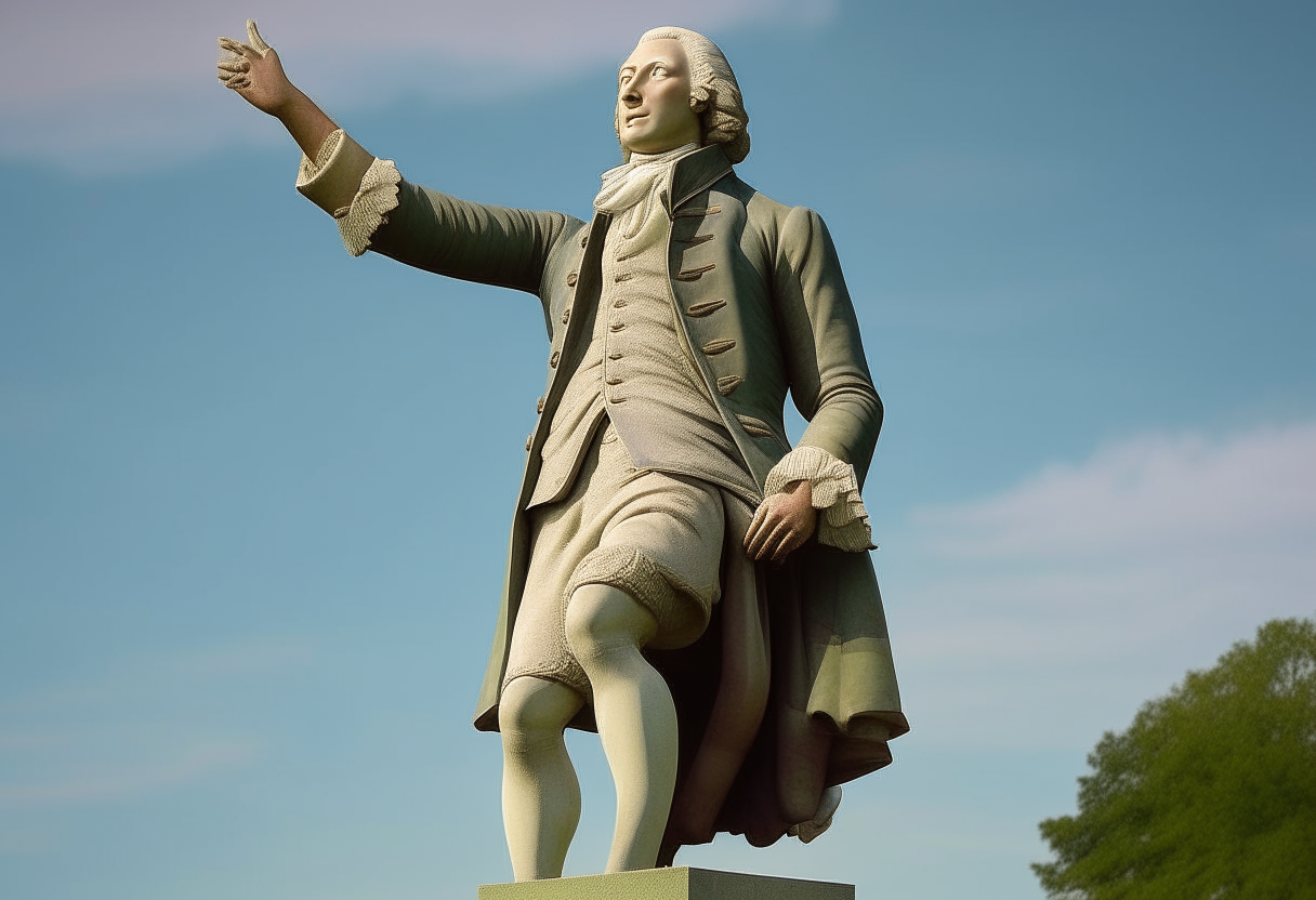 George Washington standing on a podium, publicly speaking, he outstretches his arm to the side against a sunny sky, detailed portrait, sharp focus, green grass at his feet