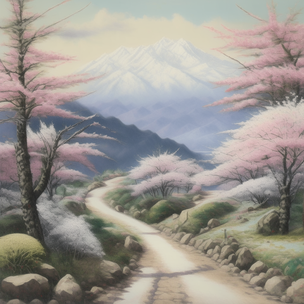 a painting of a mountain landscape with a road going through it, with Japanese cherry blossoms and chrysanthemums in the foreground