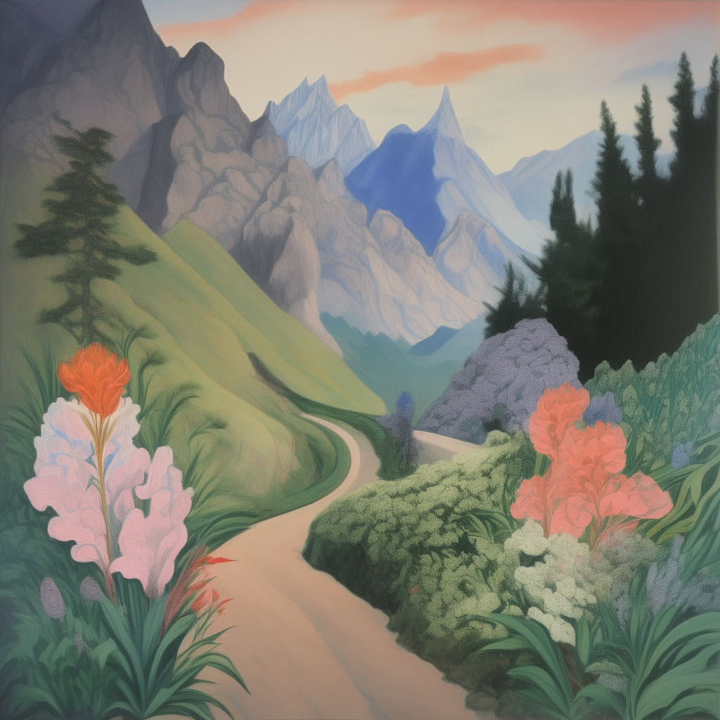 a painting of a mountain landscape with a road going through it, with Japanese irises and peonies in the foreground