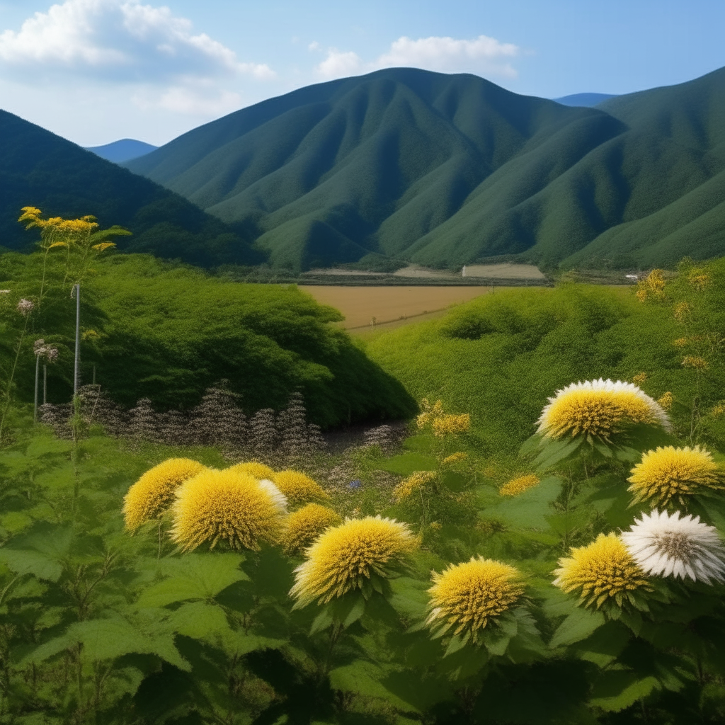 summer in Japan, hydrangeas and sunflowers dot the green foothills below snowcapped mountains