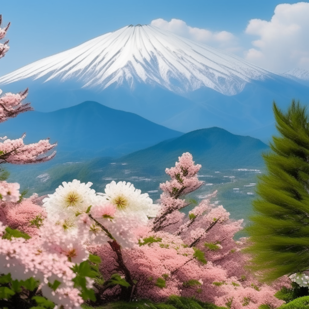 summer in Japan, cherry blossoms and chrysanthemums bloom in the foothills beneath snowy mountain peaks