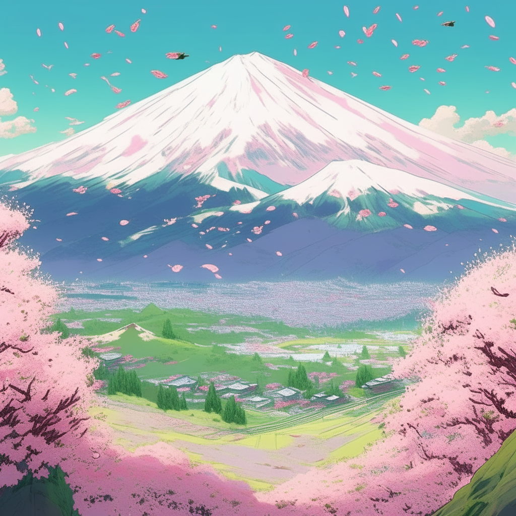 summer in Japan, a field of cherry blossoms in the foothills below snowy peaks, drawn in a colorful anime art style