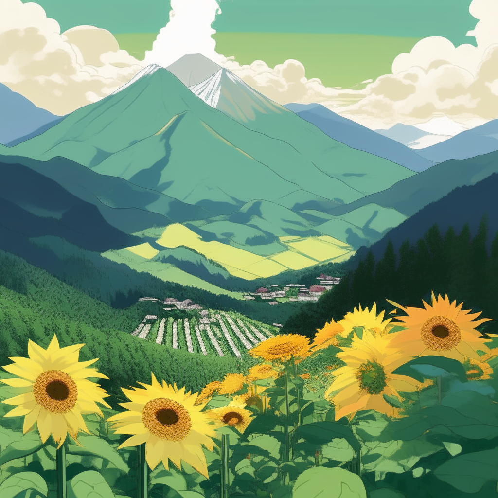 summer in Japan, sunflowers and hydrangeas dot the green hills below snowcapped mountains, drawn in a playful anime art style