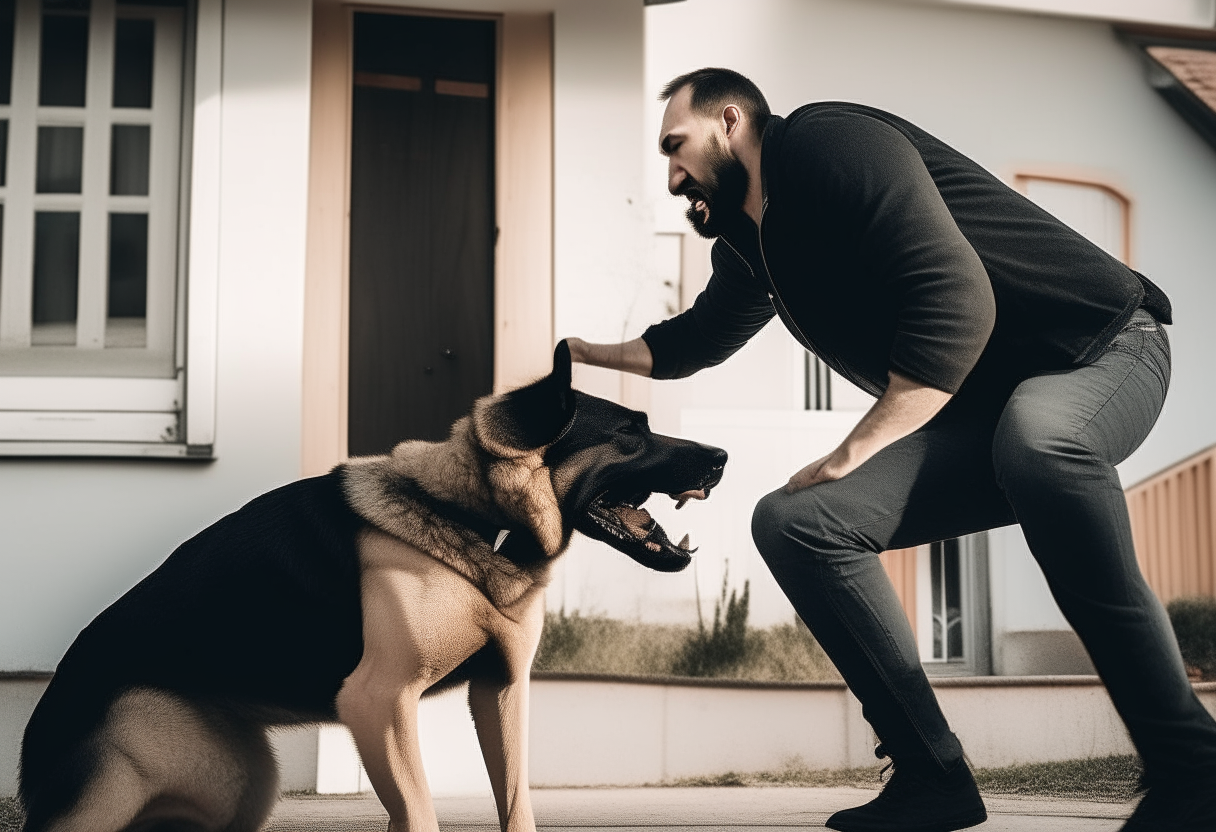 A dog attacking a man into the house 