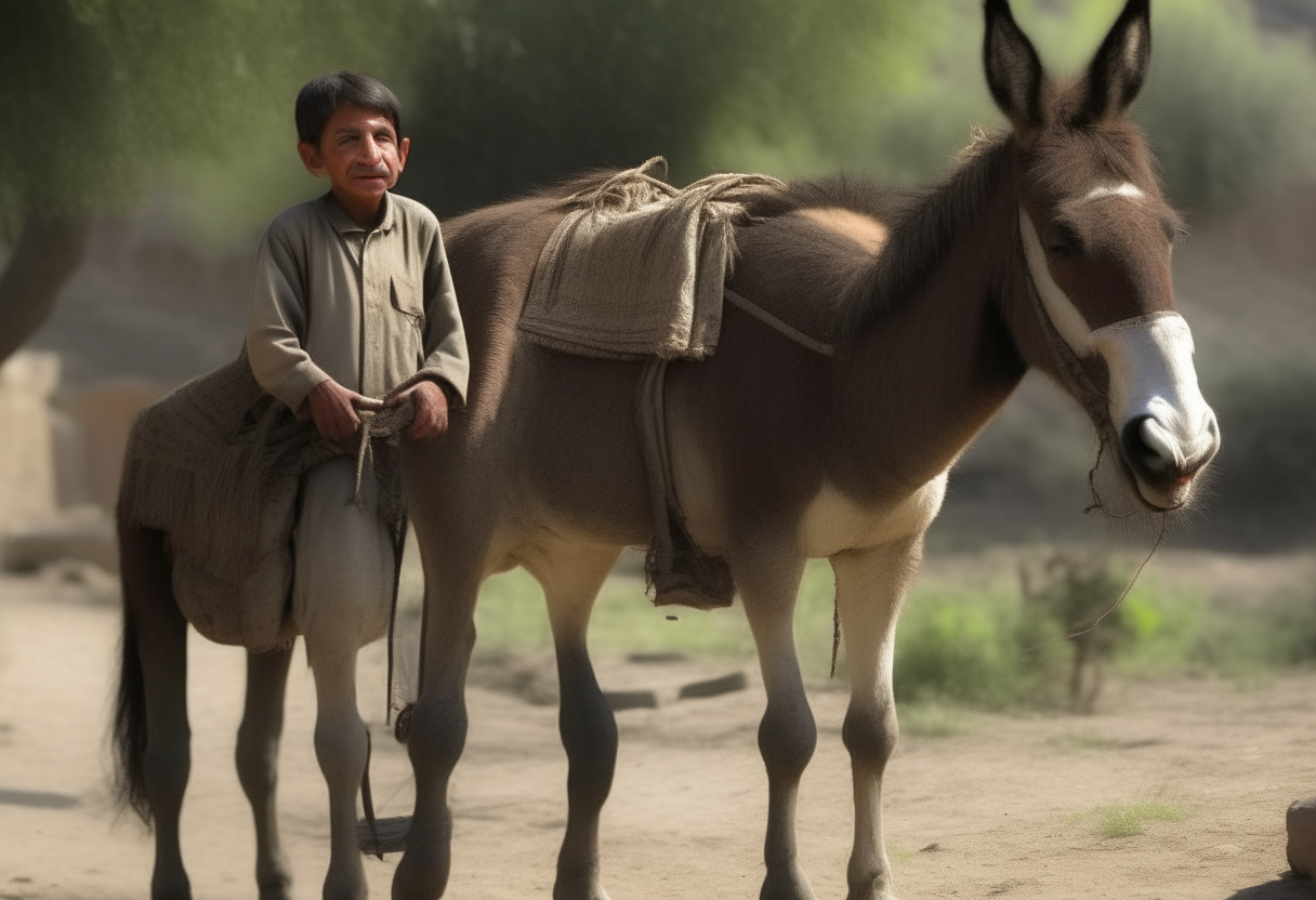 A boy Riding a donkey and a man walks beside him 