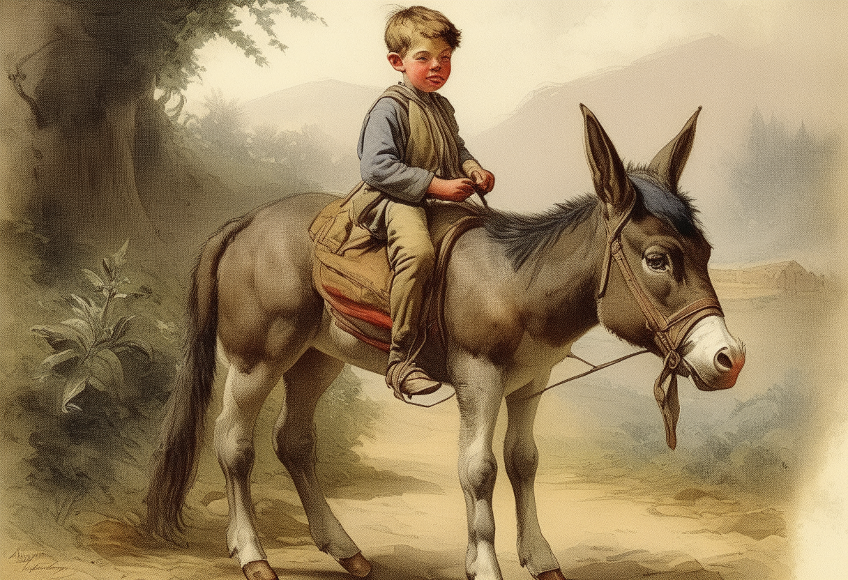 A boy Riding a donkey 