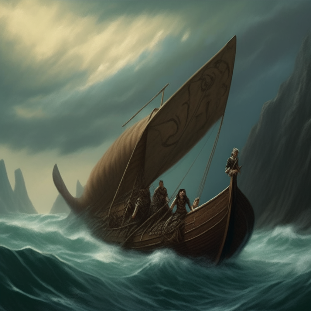 Ulisses sailing with his ancient ship across the sea near the steep coast of the Sirens, where the beautiful but dangerous Sirens lived and sang their enchanting songs.