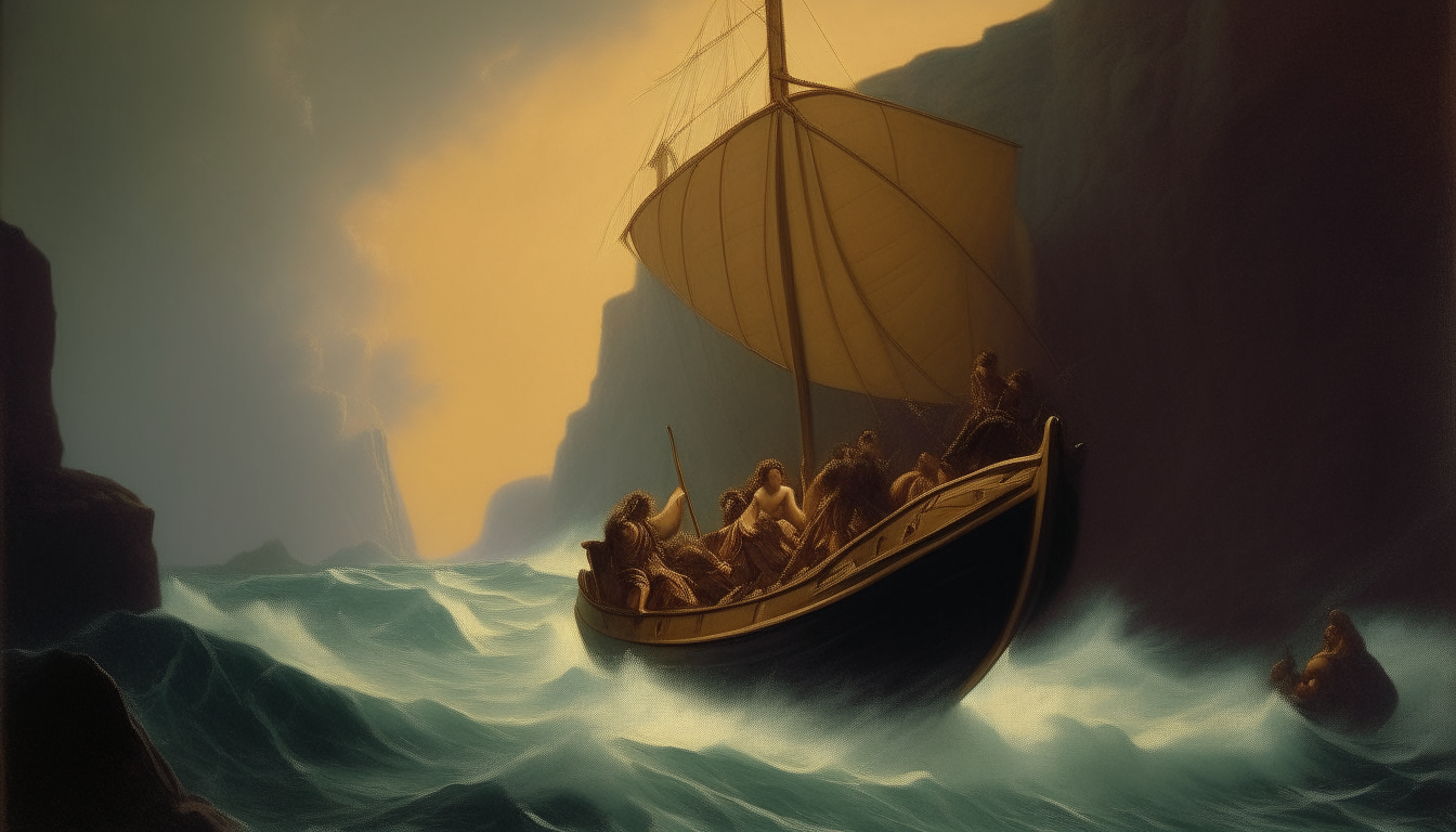 Ulysses sailing with his ancient ship across the sea near the steep coast of the Sirens, where the beautiful but dangerous Sirens lived and sang their enchanting songs to lure sailors to their doom.