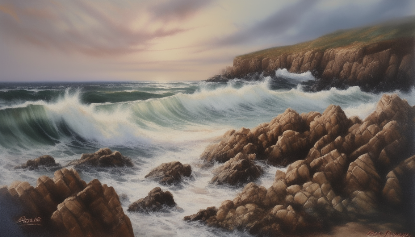 a landscape oil painting of a rocky coastline with crashing waves painted in a romantic style