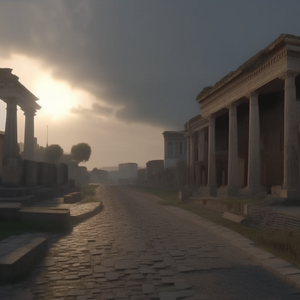 ancient roman Appian way paved with basalt stones crossing the reconstruction of an ancient roman city with marble columns, fountains, temples, triumphal arches, and villas in the style of ancient Rome, 4k ultra hd, dawn light streaming through clouds