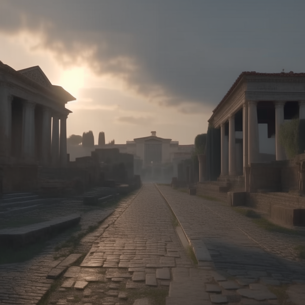 ancient roman Appian way paved with basalt stones crossing the reconstruction of an ancient roman city with marble columns, fountains, temples, triumphal arches, and villas in the style of ancient Rome, 4k ultra hd, dawn light streaming through clouds