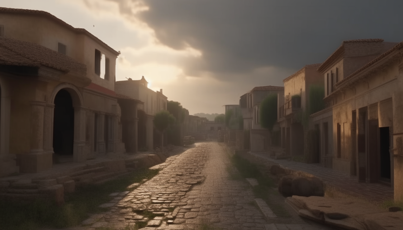 ancient roman Appian way paved with basalt stones crossing the reconstruction of an ancient roman city, with houses, apartments, shops, market stalls and mezzanone or open air balconies in the style of ancient Rome, ultra high definition 4k resolution, dawn light streaming through clouds