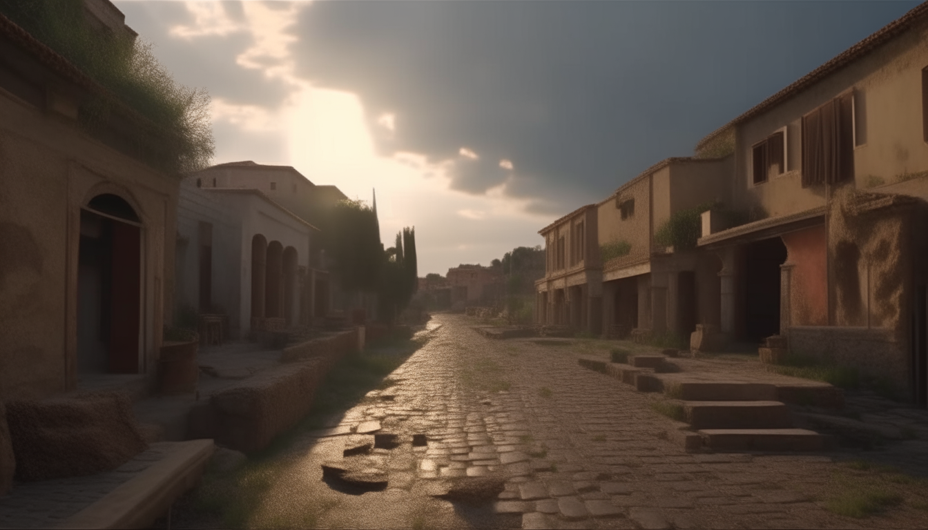 ancient roman Appian way paved with basalt stones crossing the reconstruction of an ancient roman city, with houses, apartments, shops, market stalls and mezzanone or open air balconies in the style of ancient Rome, ultra high definition 4k resolution, dawn light streaming through clouds