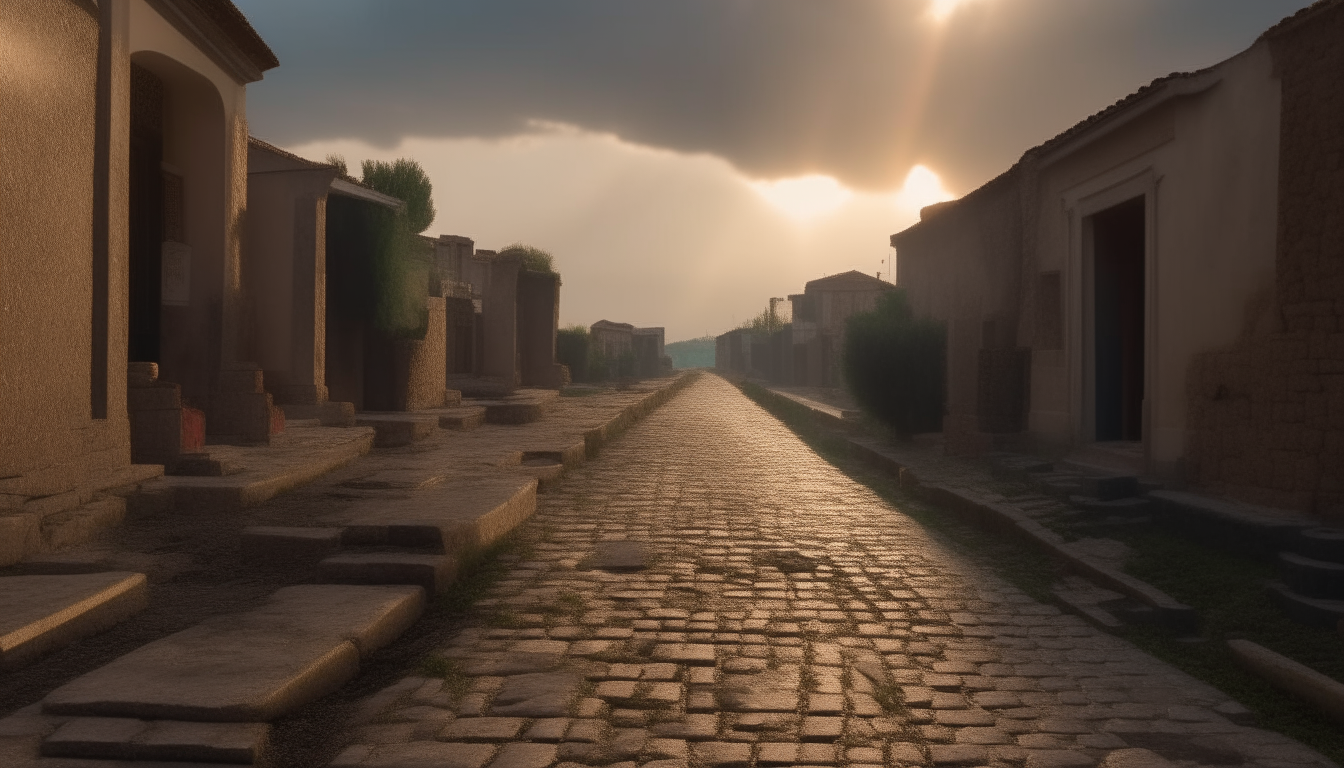 ancient roman Appian way paved with basalt stones crossing the reconstruction of an ancient roman city, with houses, apartments, shops, market stalls and mezzanone or open air balconies in the style of ancient Rome, dawn light streaming through clouds