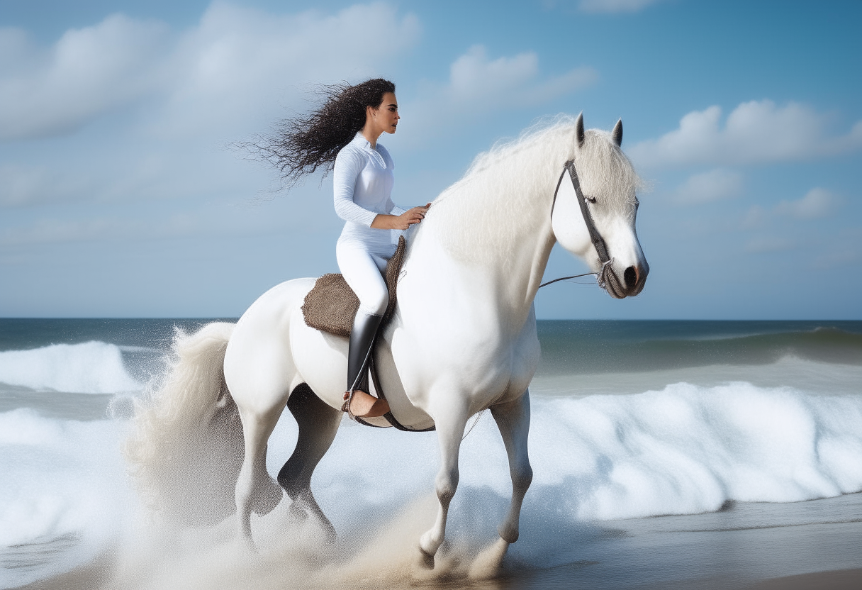 A beautiful young woman riding a white horse along the shoreline as the waves crash on the beach. The sky is blue with fluffy white clouds.