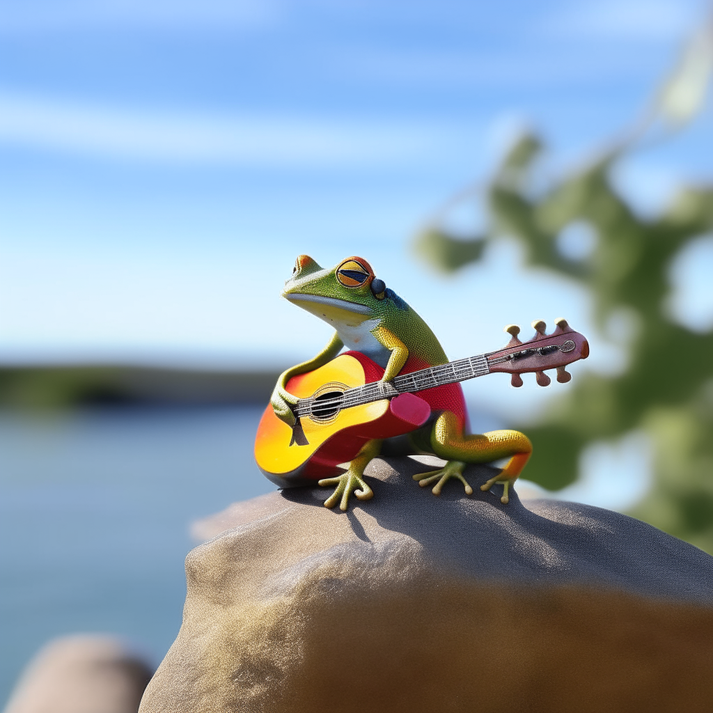 A colorful tree frog sits on a rock by the shore, strumming a miniature acoustic guitar under the sunny sky