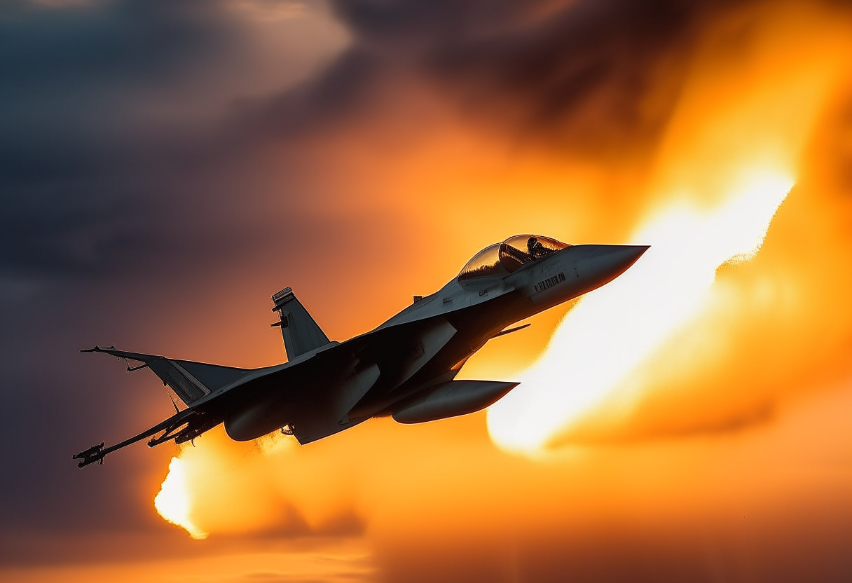 A military jet is on fire in the sky, with the pilot inside preparing to eject