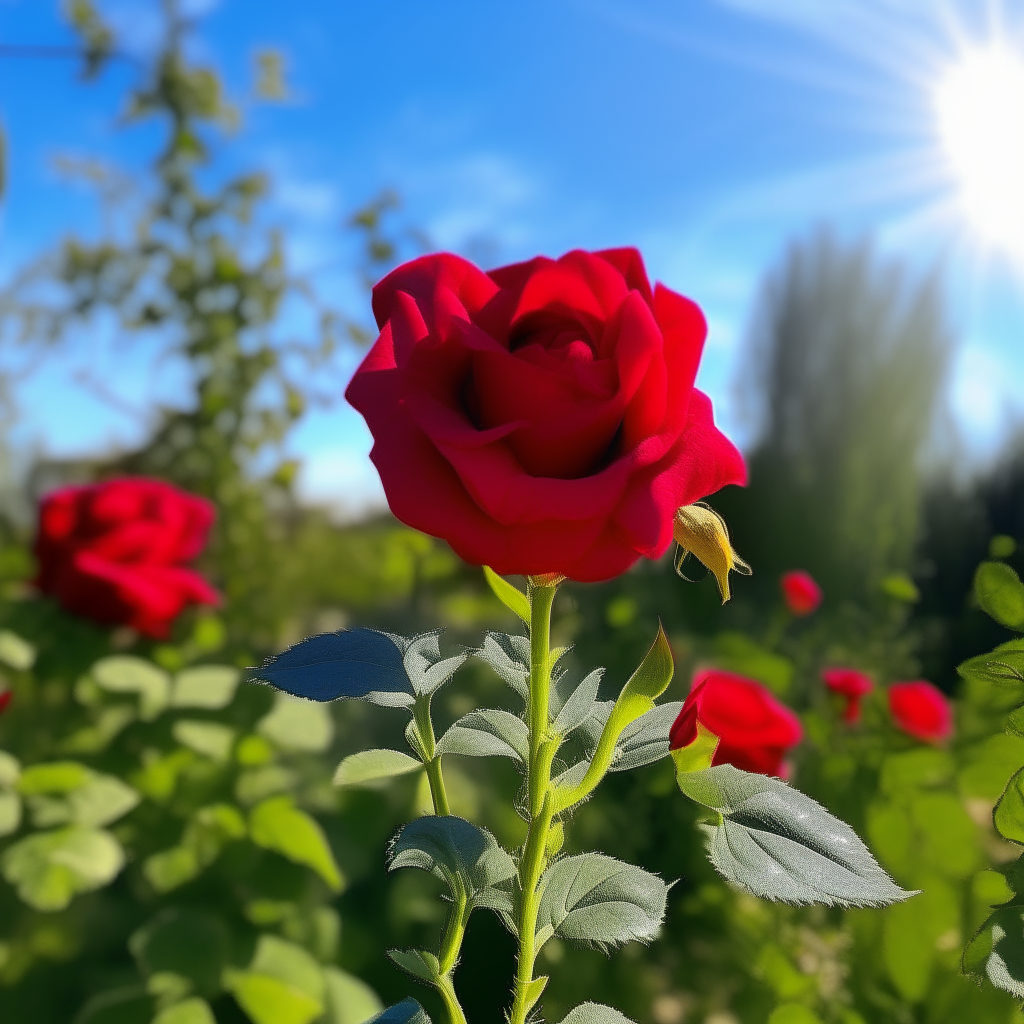 A beautiful red rose blooming amongst other flowers in a lush garden under a sunny blue sky.