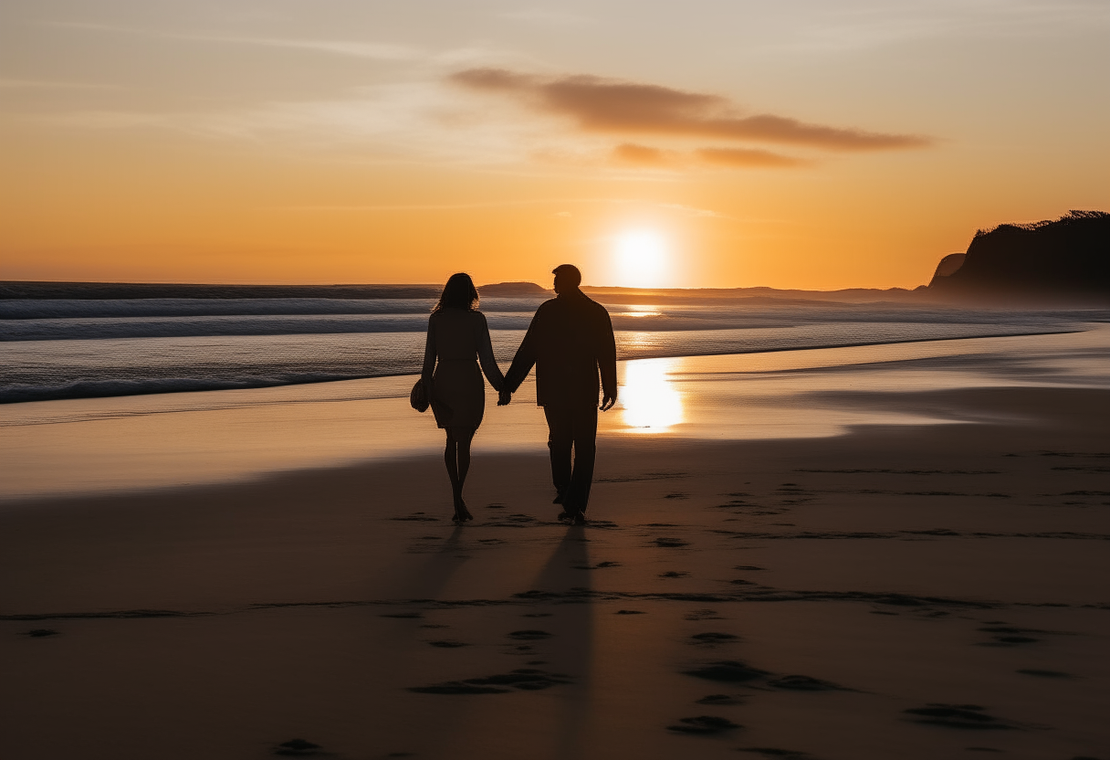 A man and woman walking together on the beach as the sun sets in the distance