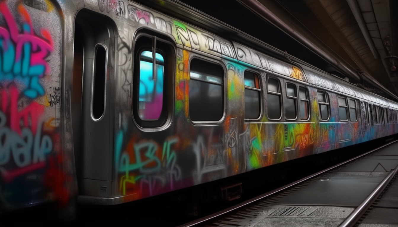 A London underground tube train covered in colorful graffiti tags, ultra detailed 4k photo realistic