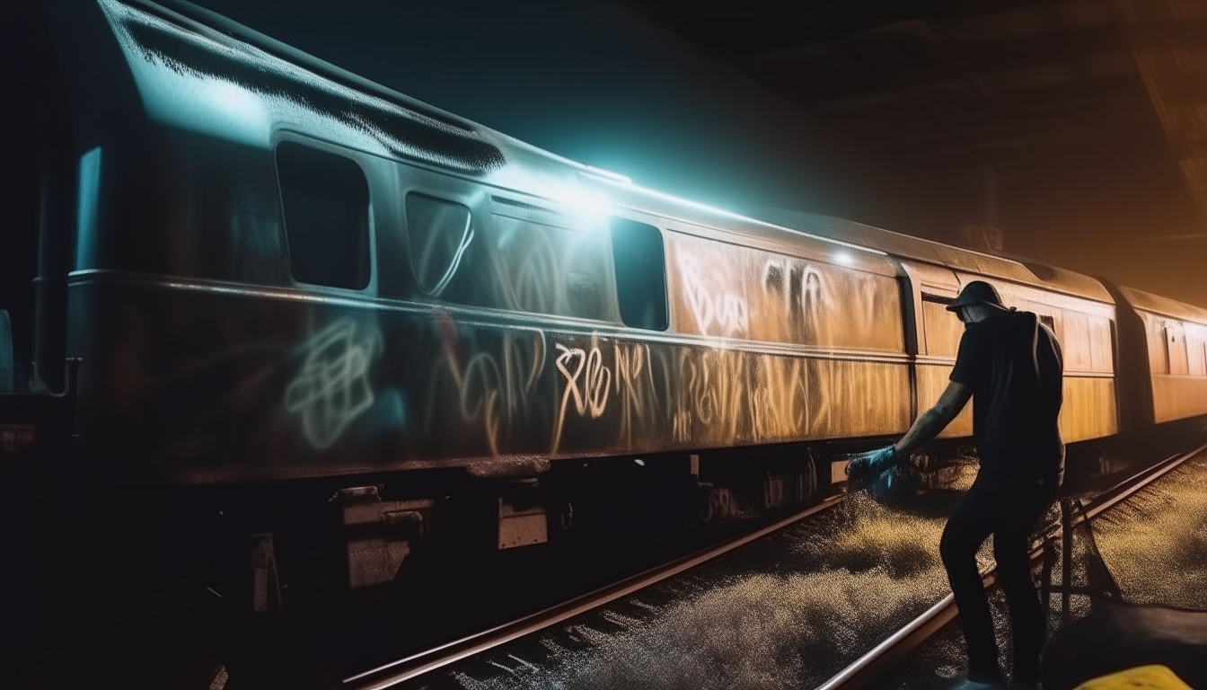 Graffiti writers spray painting a train at night in a train yard, moody atmosphere, extremely detailed 4k photo realistic