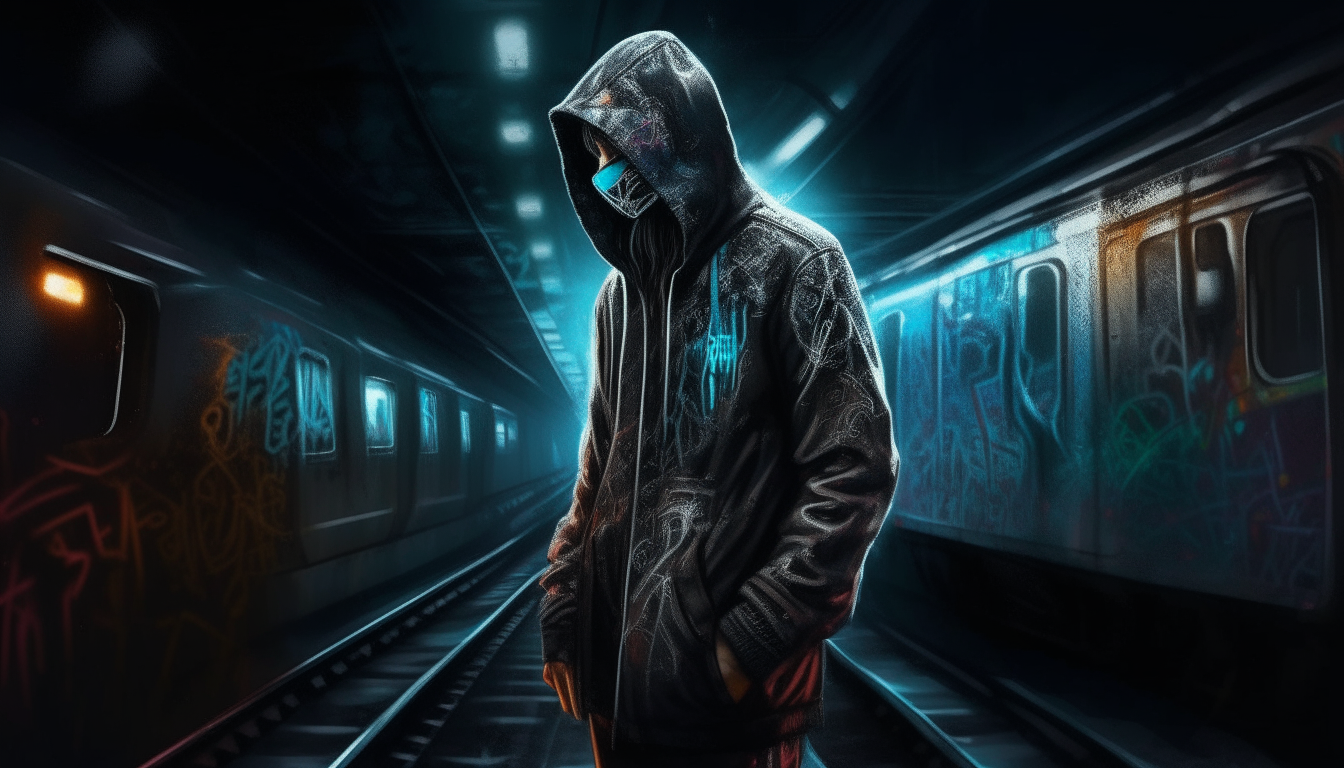 A cyborg wearing a hoodie with spray paint can hands, standing in the moonlight next to a graffiti covered train, extremely detailed dark sci-fi fantasy