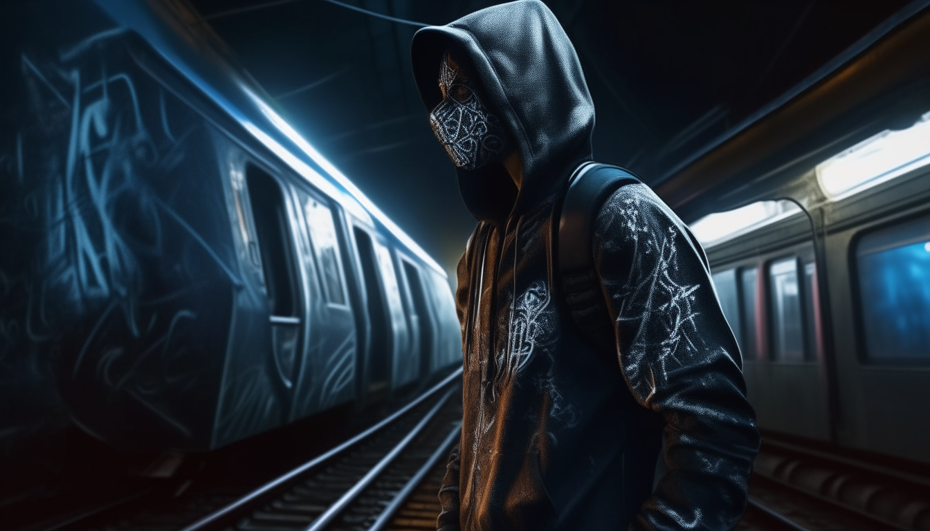 A menacing cyborg wearing a hoodie with robotic spray paint can arms, standing in moonlight next to a graffiti covered train, extremely detailed 4k dark sci-fi fantasy photorealism
