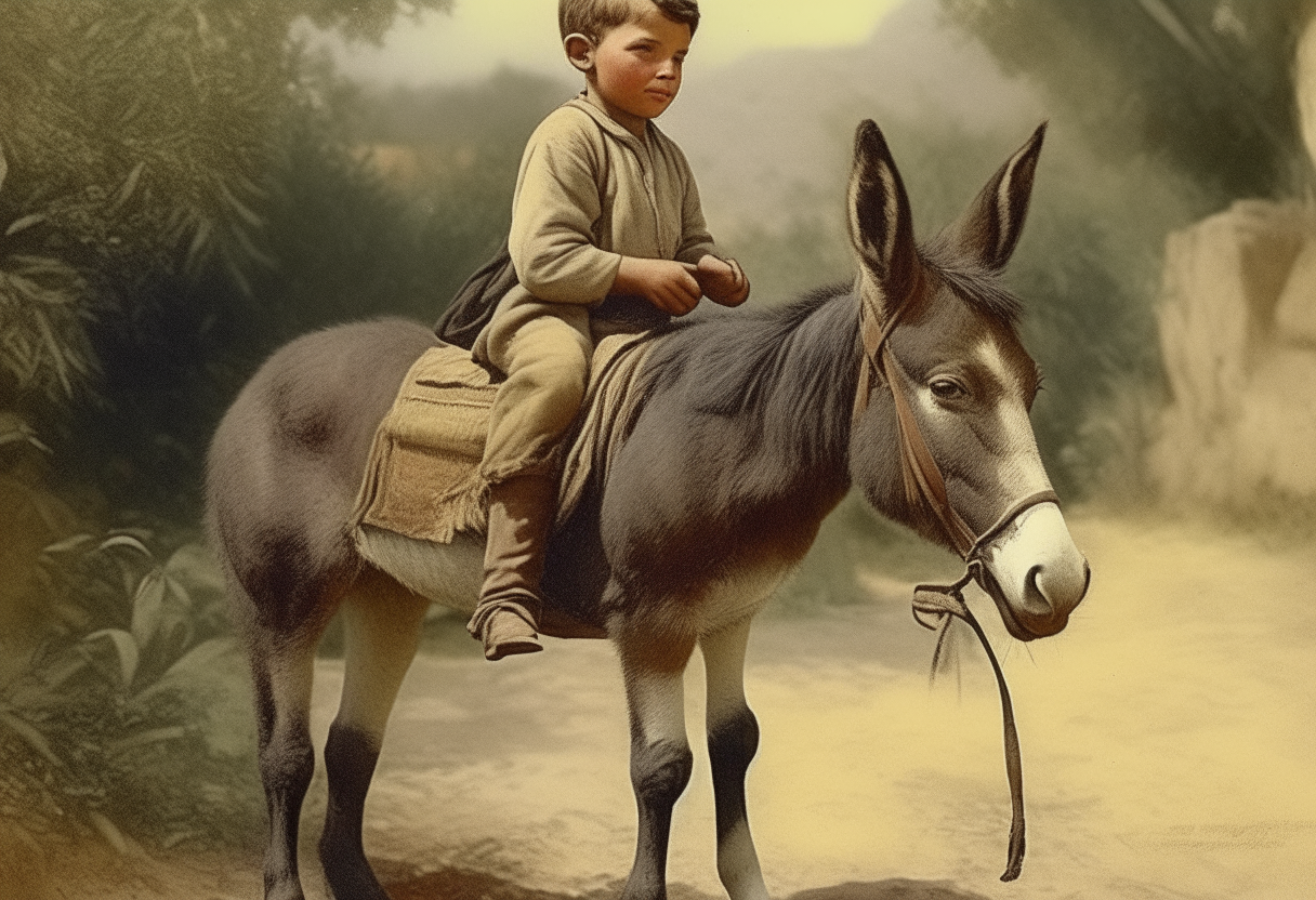 A boy riding a donkey