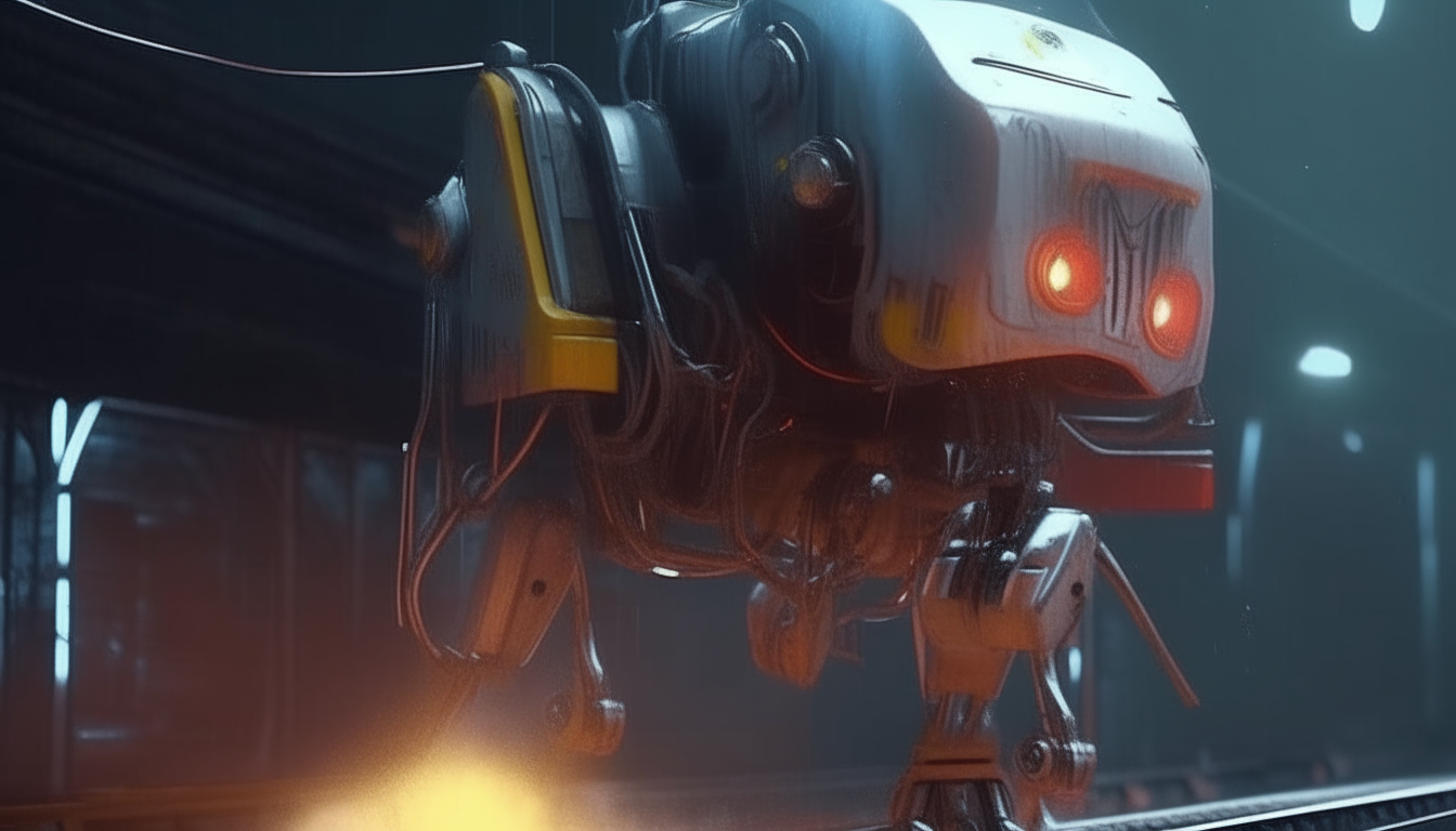 a robotic spray paint can with arms and legs pushing down on its own nozzle to spray paint a futuristic train, highly detailed digital painting, cinematic lighting, 4k resolution, dark sci fi fantasy style