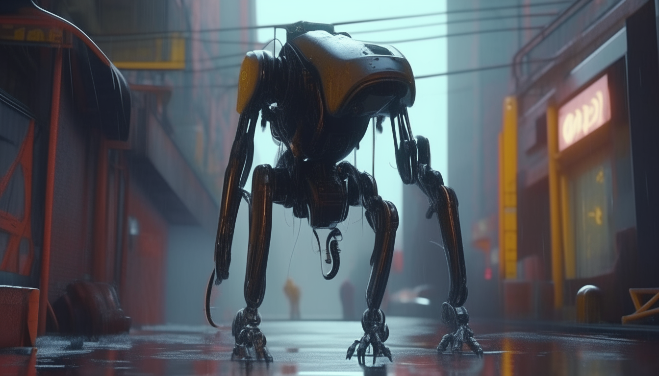 a robotic spray paint can with mechanical arms and legs in a futuristic cityscape, highly detailed digital painting, cinematic lighting and shadows, 4k resolution, dark sci fi fantasy style