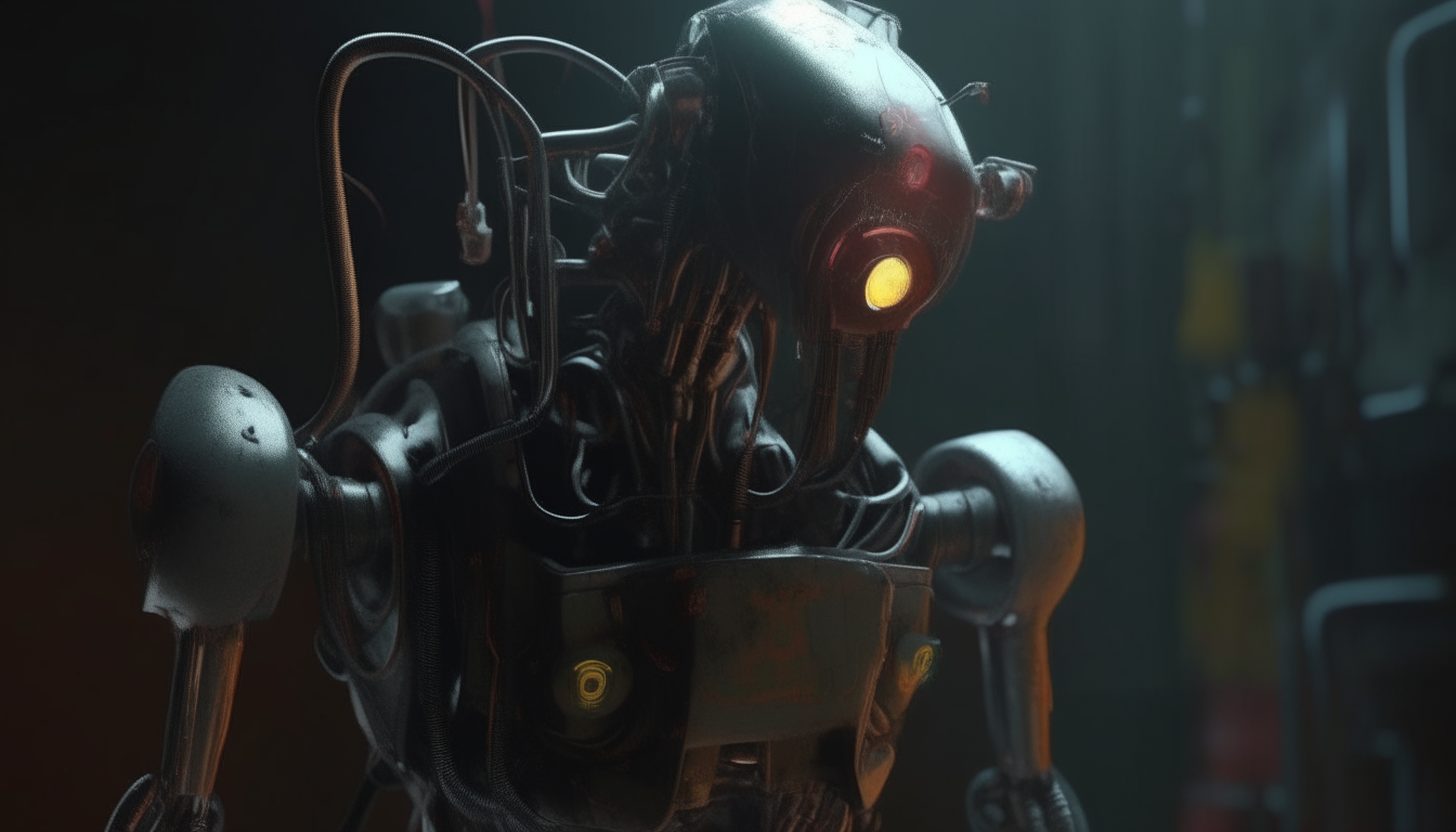 a spray paint can with a cyborg face, mechanical arms, and robotic legs, highly detailed digital painting, cinematic lighting, 4k resolution, dark sci fi fantasy style