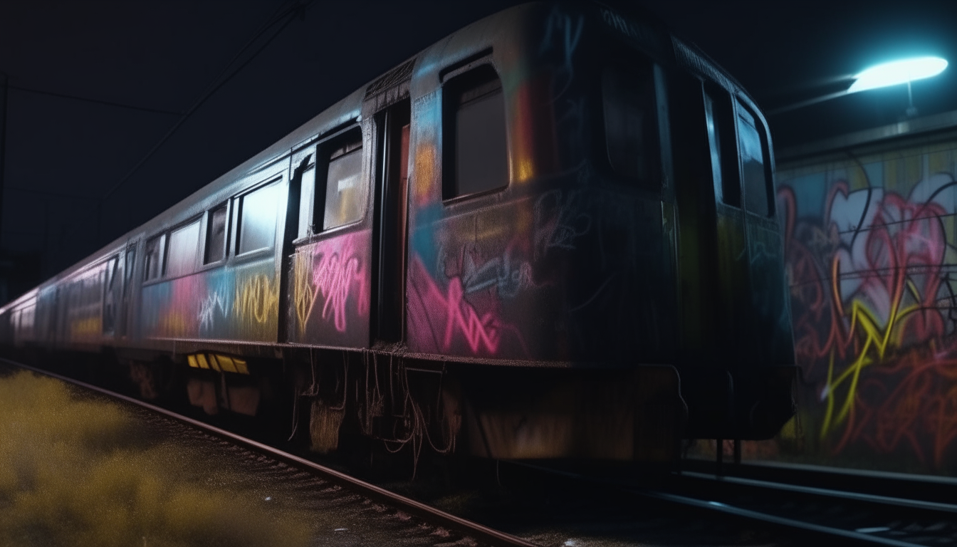 a cyborg spray paint can standing in a train yard at night, graffiti art on the sides of the trains, highly detailed digital painting, cinematic lighting, 4k resolution, dark sci fi fantasy style, photo realistic