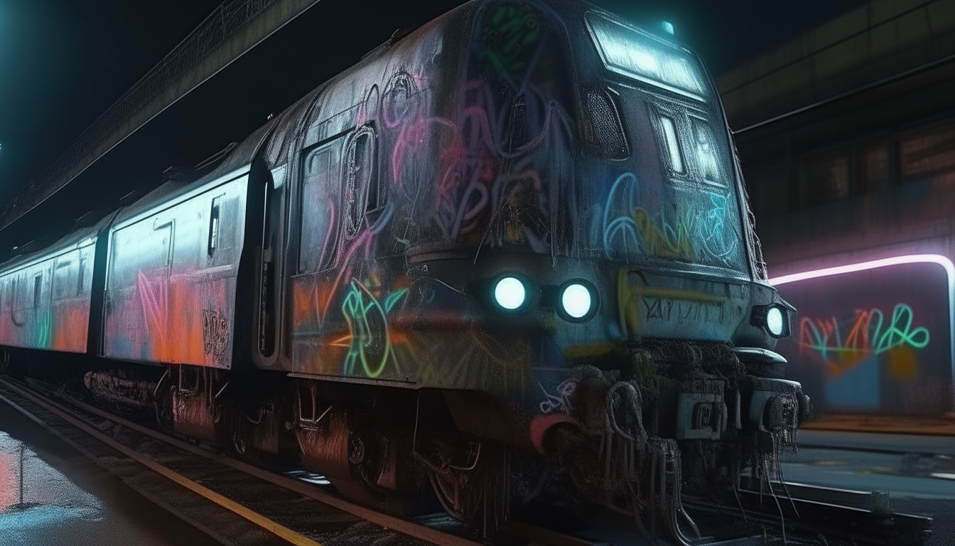 a cyborg spray paint can with mechanical arms and legs standing in a train yard at night, graffiti art spray painted on the sides of futuristic trains, highly detailed digital painting, cinematic lighting, 4k resolution, dark sci fi fantasy style, photo realistic