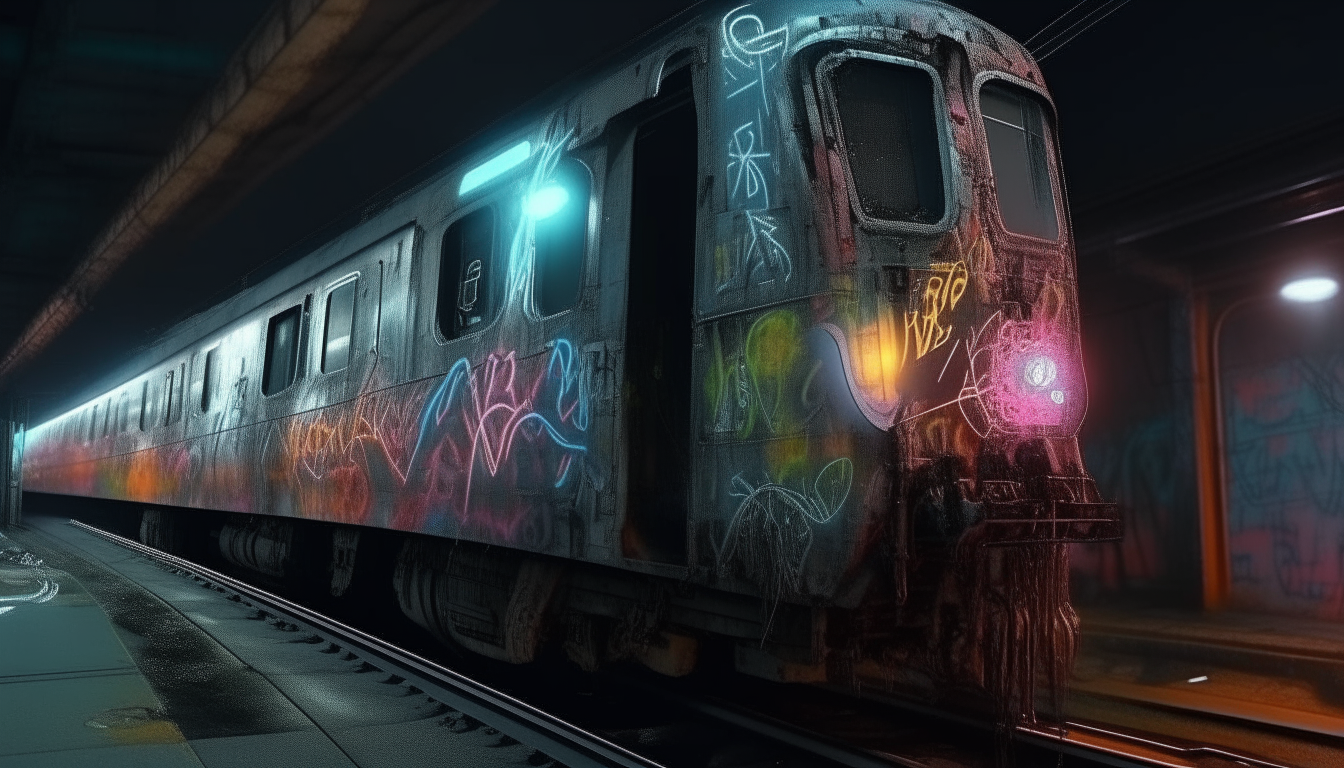 a cyborg spray paint can with mechanical arms and legs standing in a train yard at night, graffiti art spray painted on the sides of futuristic trains, highly detailed digital painting, cinematic lighting, 4k resolution, dark sci fi fantasy style, photo realistic
