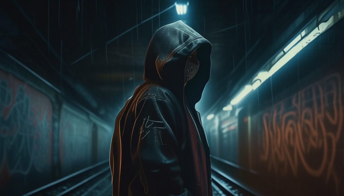 a cyborg wearing a hoodie standing in front of a large graffiti mural at night in a train yard, gloomy atmosphere, highly detailed digital painting, cinematic lighting, 4k resolution, dark sci-fi fantasy style