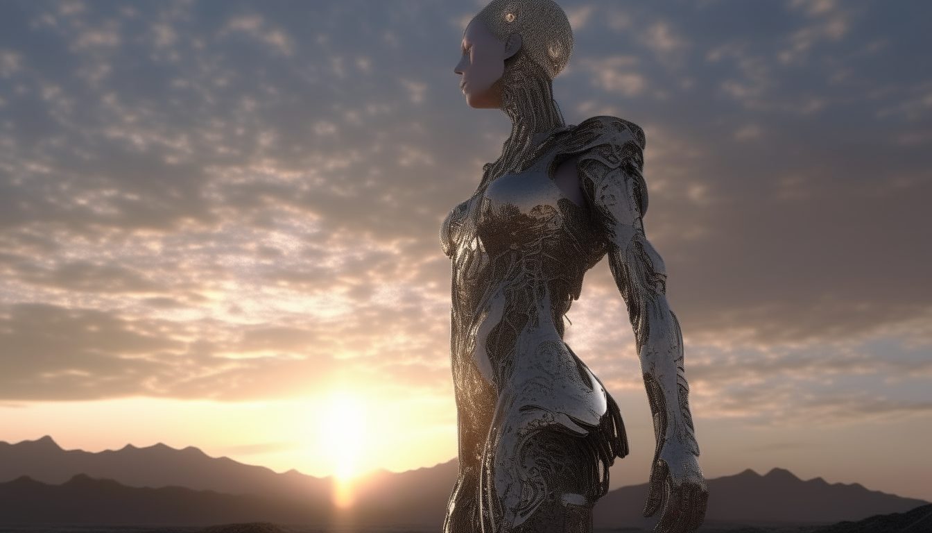a cyborg princess warrior standing in an alien landscape stretching into the distance made from silver chrome molecules with the sunsetting sky above, highest level intricate details, 4K quality, dark sci-fi fantasy style