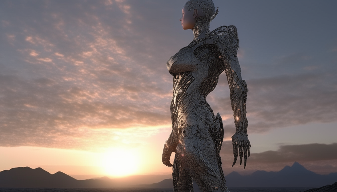 a cyborg princess warrior standing in an alien landscape stretching into the distance made from silver chrome molecules with the sunsetting sky above, 16.9 aspect ratio, highest level intricate details, 4K quality, dark sci-fi fantasy style