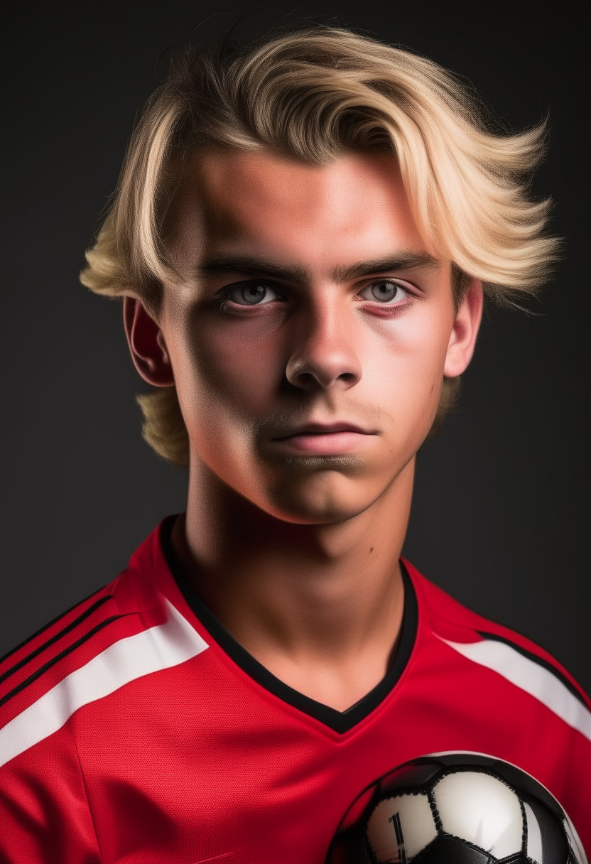 A portrait of a handsome blond soccer player with brown eyes, wearing the red and black jersey of Flamengo, Brazil's most successful club. He has a determined expression and is holding a soccer ball.