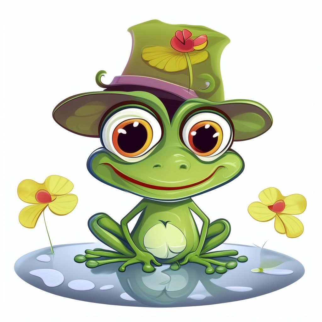 A cartoon frog sitting on a lily pad, with big eyes, smiling, and wearing a Mickey Mouse hat