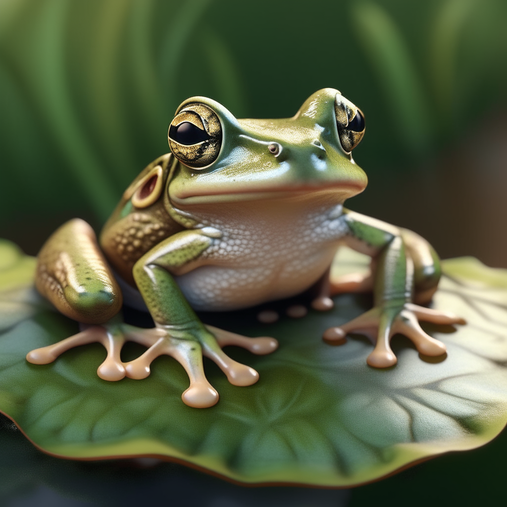 A photorealistic image of a cute frog sitting on a lily pad, with detailed skin and sharp focus