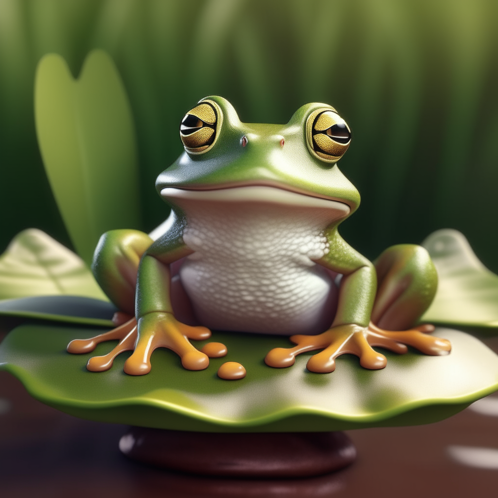 The realistic frog from before, now sitting on a lily pad and wearing a Mickey Mouse hat