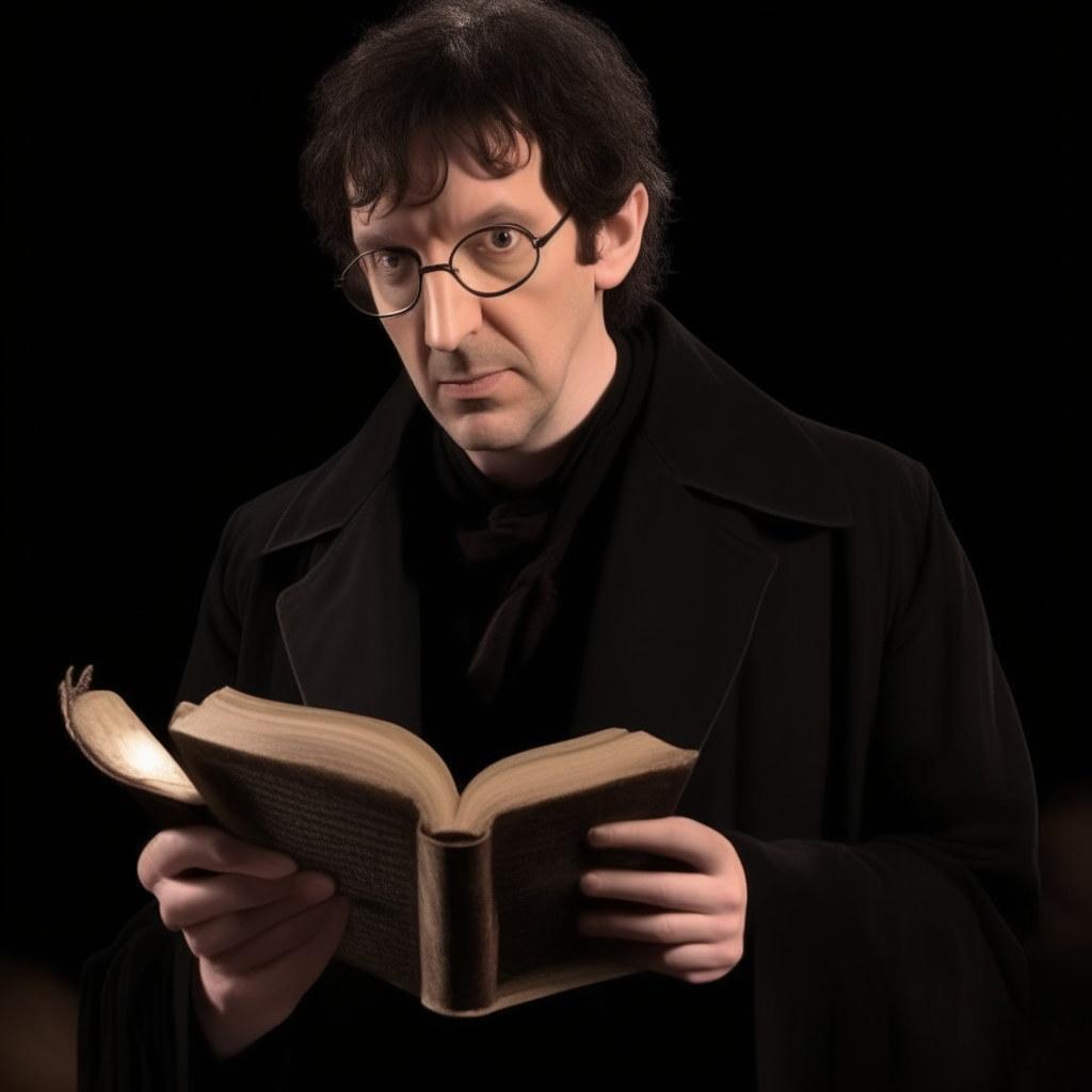 Neil Gaiman as Crowley from good omens, with a magic book